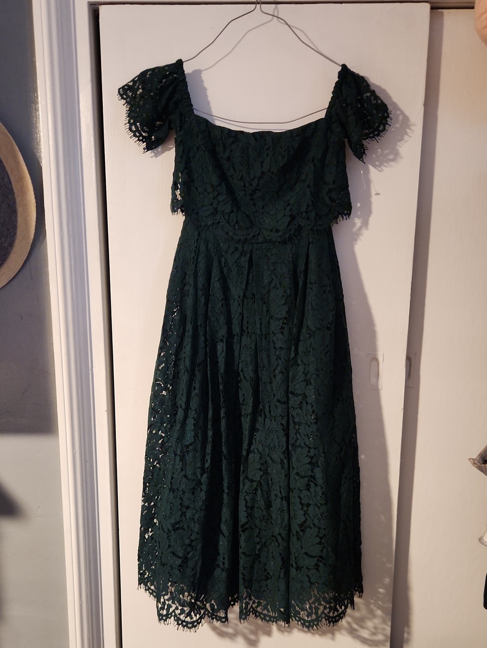 Asos Lace Off-Shoulder Petite Midi Dress in Dark Green